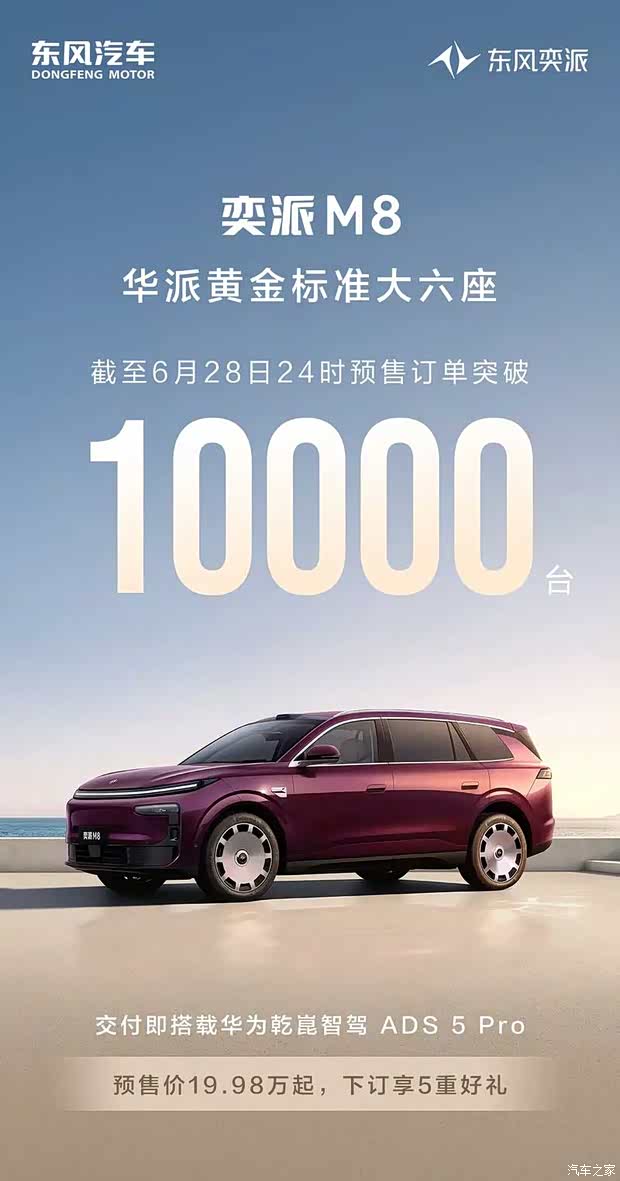 预售19.98万起/华为乾崑联合打造 东风奕派M8预售订单突破10000台